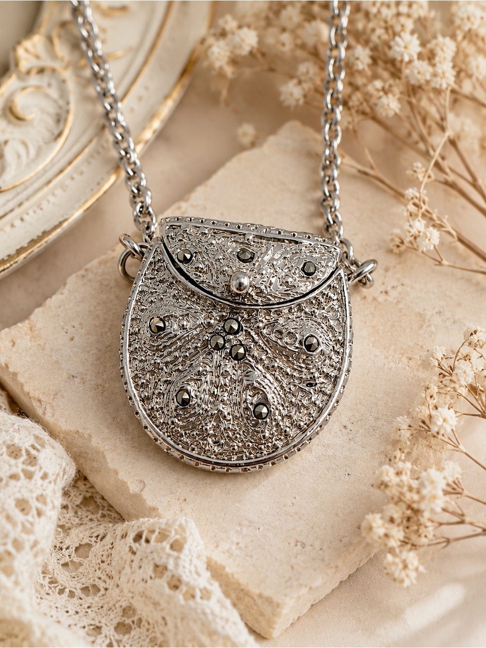 EKQ Hidden Watch Purse Pendant Necklace Silver Tone Working Quartz